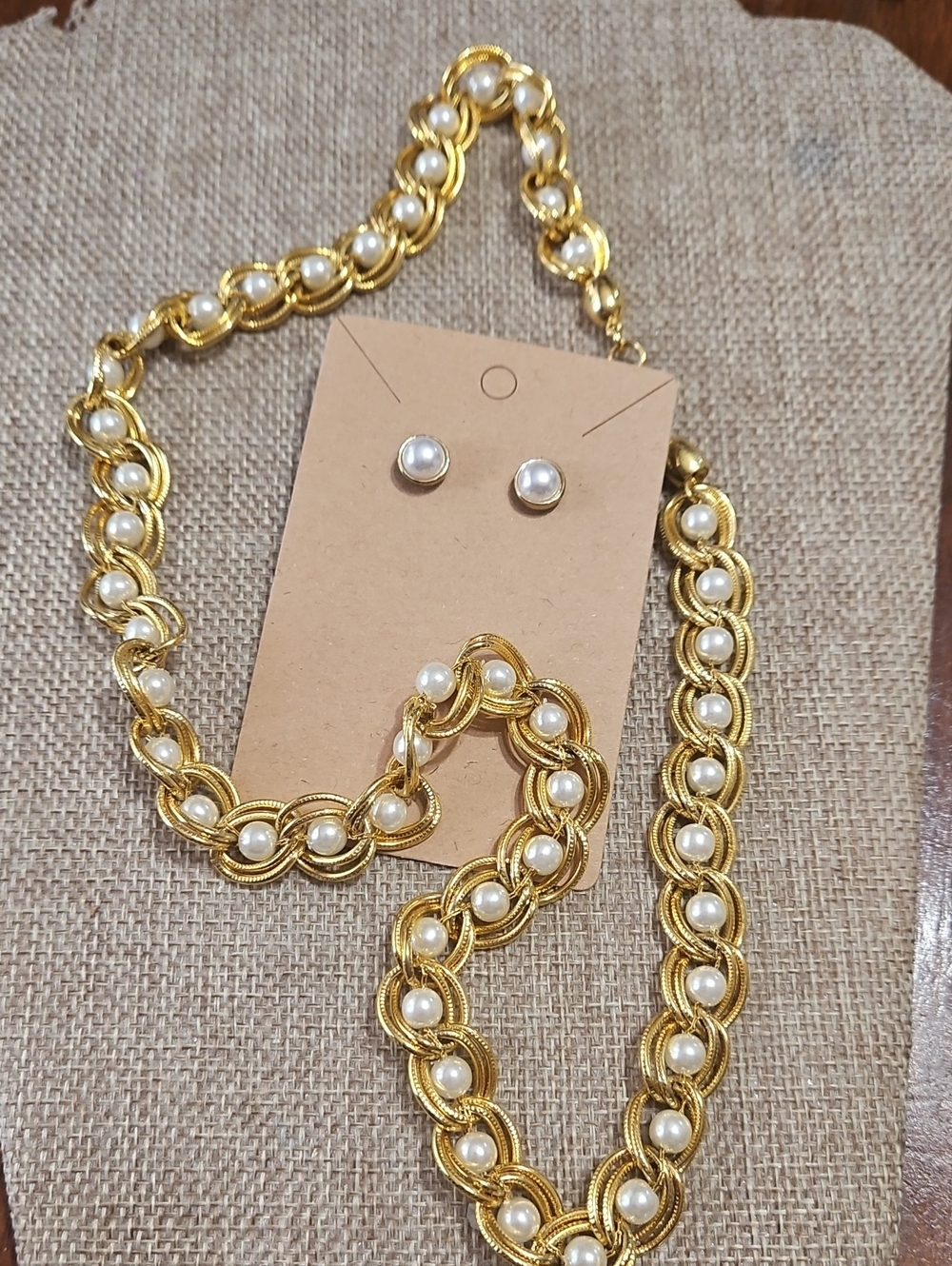 Gold-Tone Pearl Link Necklace and Stud Earrings Set